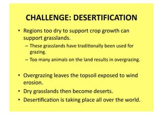 CHALLENGE: DESERTIFICATION 
•  Regions too dry to support crop growth can 
   support grasslands.   
   – These grasslands have tradi;onally been used for 
     grazing.  
   – Too many animals on the land results in overgrazing. 


•  Overgrazing leaves the topsoil exposed to wind 
   erosion.   
•  Dry grasslands then become deserts.   
•  Deser;ﬁca;on is taking place all over the world. 
 