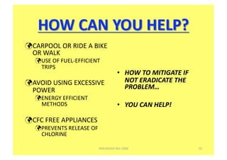   ARPOOL OR RIDE A BIKE 
 C
 OR WALK 
    SE OF FUEL‐EFFICIENT  
   U
   TRIPS 
                                   •  HOW TO MITIGATE IF 
  VOID USING EXCESSIVE 
 A                                    NOT ERADICATE THE 
 POWER                                PROBLEM… 
    NERGY EFFICIENT 
   E
   METHODS                         •  YOU CAN HELP! 

  FC FREE APPLIANCES 
 C
    REVENTS RELEASE OF 
   P
   CHLORINE  

                         PARUNGAO NS5 2008                  50 
 