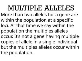 MULTIPLE ALLELES
More than two alleles for a gene are
within the population at a specific
loci. At that time we say within the
population the multiples alleles
occur. It’s not a gene having multiple
copies of allele in a single individual
but the multiples alleles occur within
the population.
 