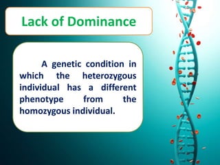 Lack of Dominance
A genetic condition in
which the heterozygous
individual has a different
phenotype from the
homozygous individual.
 