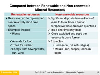 Mineral Resources
 Non-metallic mineral deposits (NM)
 Industrial Minerals (IM)): Sulfur, Gypsum, Coal, Barite, Salt, Clay,
Feldspar, Borax, Lime, Magnesite, Potash, Phosphates, Silica, Fluorite,
Asbestos, Abrasives, Mica.
 Precious stones: Gem Minerals,
 Construction minerals : Stone, Sand, Gravel, Limestone
 Metallic mineral deposits or (Ore mineral deposits):
 Ferrous metals: Iron and Steel, Cobalt, Nickel
 Non-ferrous (or base metals): Copper, Zinc, Tin, Lead, Aluminum,
Titanium, Manganese, Magnesium, Mercury, Vanadium, Molybdenum,
Tungsten.
 Precious metals: Silver, Gold, Platinum
 Energy Resources(or Energy minerals):
 Fossil Fuels: Coal, Oil, Natural Gas
 Radioactive Minerals: Uranium
 Geothermal Energy
 Groundwater
21 November 2015 Prof. Dr. H.Z. Harraz Presentation Nonmetallic Deposits 10
 