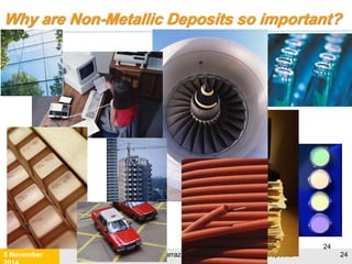 Non-metallic mineral deposits life cycle
Supply Sector
exploration
mineral finance
plant engineering
mining
processing
Logistics Sector
trading
port handling
mineral inspection
freight
warehousing/distribution
Consuming Market
Sector
direct market mineral consumer
intermediate market mineral consumer
end market mineral consumer
SUPPLY
DEMAND
 