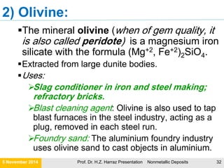 Factors important in evaluating a Non-metallic deposits
21 November 2015 Prof. Dr. H.Z. Harraz Presentation Nonmetallic Deposits 32
 Customer specifications
 Distance to customer (transportation)
 Ore grade--concentration of the commodity in the deposit
 By-products
 Commodity prices
 Mineralogical form
 Grain size and shape
 Undesirable substances
 Size and shape of deposit
 Ore character
 Cost of capital
 Location
 Environmental consequences/ reclamation/bonding
 Land status
 Taxation
 Political factors
 