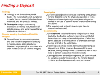 Reserves vs. Resources
Reserves
Natural resources that
have been discovered &
can be exploited profitably
with existing technology.
Resources
The term “resource” refers to the
total amounts of a commodity of
particular economic use that is
present in an area. These
estimates include both extractable
and non-extractable amounts of
this commodity.
Deposits that we know or believe to
exist, but that are not exploitable
today because of technological,
economical, or political reasons
Earth Resources may be
Renewable and/or Non-renewable
resources
21 November 2015 Prof. Dr. H.Z. Harraz Presentation Nonmetallic Deposits 8
 