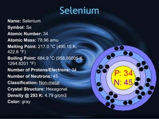 Selenium
Name: Selenium
Symbol: Se
Atomic Number: 34
Atomic Mass: 78.96 amu
Melting Point: 217.0 °C (490.15 K,
422.6 °F)
Boiling Point: 684.9 °C (958.05005 K,
1264.8201 °F)
Number of Protons/Electrons: 34
Number of Neutrons: 45
Classification: Non-metal
Crystal Structure: Hexagonal
Density @ 293 K: 4.79 g/cm3
Color: gray
 
