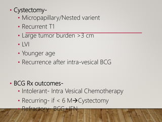 • Cystectomy-
• Micropapillary/Nested varient
• Recurrent T1
• Large tumor burden >3 cm
• LVI
• Younger age
• Recurrence after intra-vesical BCG
• BCG Rx outcomes-
• Intolerant- Intra Vesical Chemotherapy
• Recurring- if < 6 MCystectomy
• Refractory- BCG+IFN
 