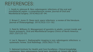REFERENCES:
1. Smith A, Johnson B. Non-odontogenic infections of the oral and
maxillofacial region: a comprehensive review. Journal of Oral and
Maxillofacial Surgery. 2018;46(2):87-94.
2. Brown C, Jones D. Deep neck space infections: a review of the literature.
Journal of Otolaryngology. 2019;35(3):153-162.
3. Patel N, Williams D. Management of parotitis in adults: current trends and
future prospects. Oral and Maxillofacial Surgery Clinics of North America.
2021;33(1):25-33.
4. Lee K, Nguyen L. Radiographic imaging in non-odontogenic infections: a
systematic review. Oral Radiology. 2020;28(2):75-82.
5. National Institute for Health and Care Excellence. Clinical knowledge
summaries: Non-odontogenic facial pain. Available at: [insert URL here].
 