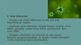 2. Viral Infections:
- Viruses can cause infections in the oral and
maxillofacial region.
- Common viral infections include herpes simplex virus
(HSV), varicella-zoster virus (VZV), and Epstein-Barr
virus (EBV).
- Herpetic infections can present as oral ulcers,
herpetic gingivostomatitis, or herpes zoster (shingles)
in the trigeminal nerve distribution.
 