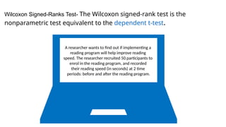 A researcher wants to find out if implementing a
reading program will help improve reading
speed. The researcher recruited 50 participants to
enrol in the reading program, and recorded
their reading speed (in seconds) at 2 time
periods: before and after the reading program.
Wilcoxon Signed-Ranks Test- The Wilcoxon signed-rank test is the
nonparametric test equivalent to the dependent t-test.
 