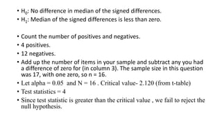• H0: No difference in median of the signed differences.
• H1: Median of the signed differences is less than zero.
• Count the number of positives and negatives.
• 4 positives.
• 12 negatives.
• Add up the number of items in your sample and subtract any you had
a difference of zero for (in column 3). The sample size in this question
was 17, with one zero, so n = 16.
• Let alpha = 0.05 and N = 16 . Critical value- 2.120 (from t-table)
• Test statistics = 4
• Since test statistic is greater than the critical value , we fail to reject the
null hypothesis.
 