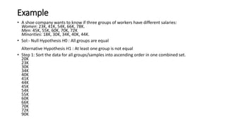 Example
• A shoe company wants to know if three groups of workers have different salaries:
Women: 23K, 41K, 54K, 66K, 78K.
Men: 45K, 55K, 60K, 70K, 72K
Minorities: 18K, 30K, 34K, 40K, 44K.
• Sol:- Null Hypothesis H0 : All groups are equal
Alternative Hypothesis H1 : At least one group is not equal
• Step 1: Sort the data for all groups/samples into ascending order in one combined set.
20K
23K
30K
34K
40K
41K
44K
45K
54K
55K
60K
66K
70K
72K
90K
 