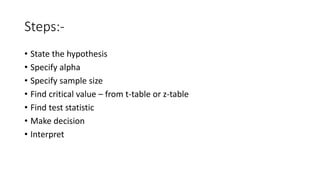 Steps:-
• State the hypothesis
• Specify alpha
• Specify sample size
• Find critical value – from t-table or z-table
• Find test statistic
• Make decision
• Interpret
 