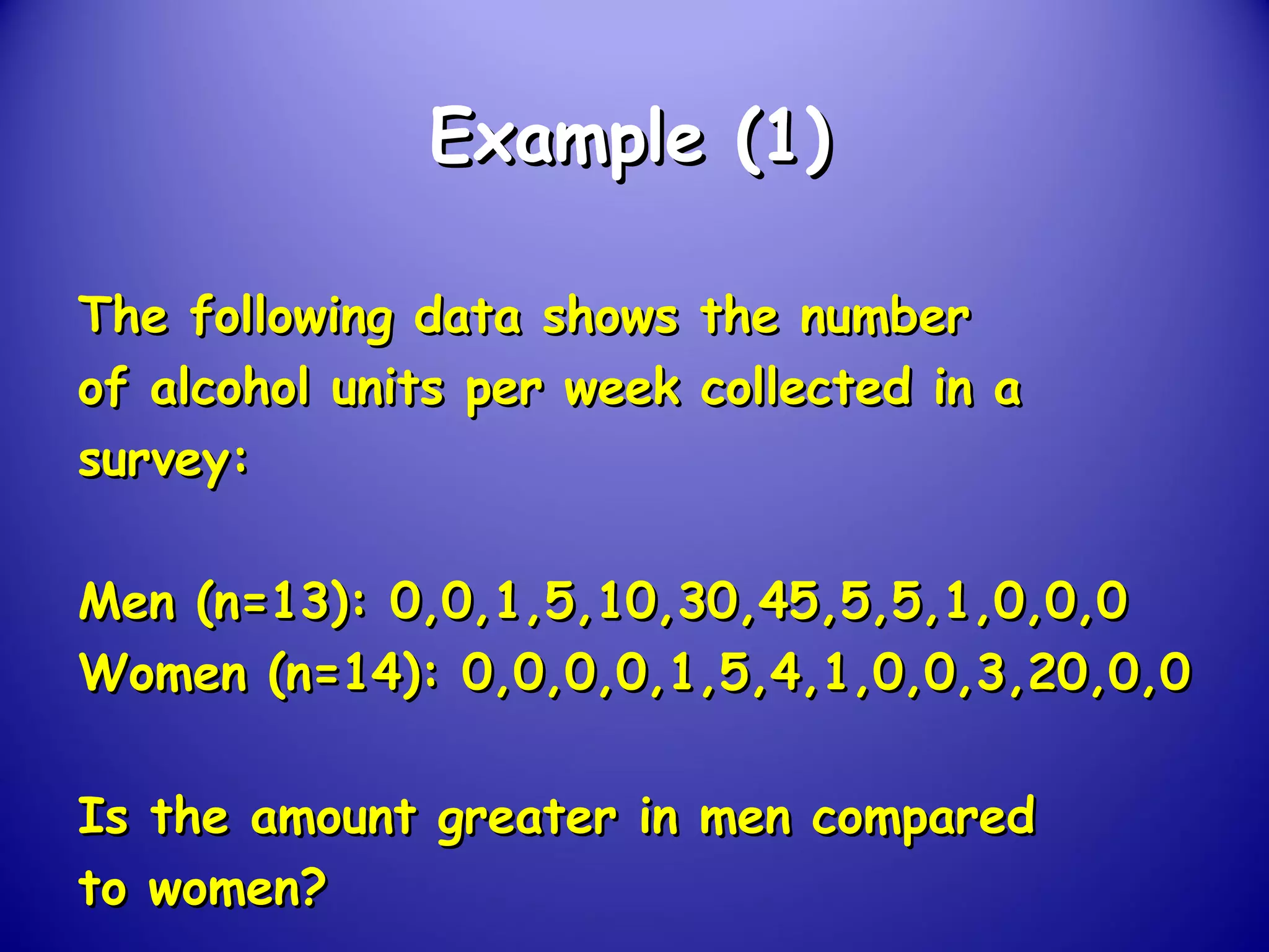 Example (1)Example (1)
The following data shows the numberThe following data shows the number
of alcohol units per week collected in aof alcohol units per week collected in a
survey:survey:
Men (n=13): 0,0,1,5,10,30,45,5,5,1,0,0,0Men (n=13): 0,0,1,5,10,30,45,5,5,1,0,0,0
Women (n=14): 0,0,0,0,1,5,4,1,0,0,3,20,0,0Women (n=14): 0,0,0,0,1,5,4,1,0,0,3,20,0,0
Is the amount greater in men comparedIs the amount greater in men compared
to women?to women?
 