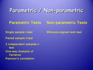 Parametric / Non-parametricParametric / Non-parametric
Parametric Tests Non-parametric Tests
Single sample t-test Wilcoxon-signed rank test
Paired sample t-test
2 independent samples t-
test
One-way Analysis of
Variance
Pearson’s correlation
 