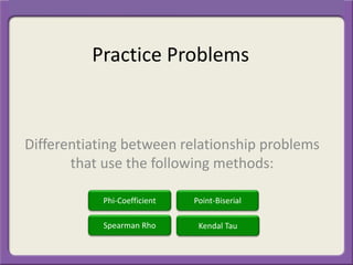 Practice Problems
Differentiating between relationship problems
that use the following methods:
Phi-Coefficient Point-Biserial
Spearman Rho Kendal Tau
 