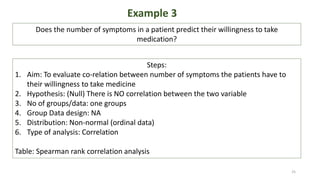 Example 3
Does the number of symptoms in a patient predict their willingness to take
medication?
Steps:
1. Aim: To evaluate co-relation between number of symptoms the patients have to
their willingness to take medicine
2. Hypothesis: (Null) There is NO correlation between the two variable
3. No of groups/data: one groups
4. Group Data design: NA
5. Distribution: Non-normal (ordinal data)
6. Type of analysis: Correlation
Table: Spearman rank correlation analysis
25
 