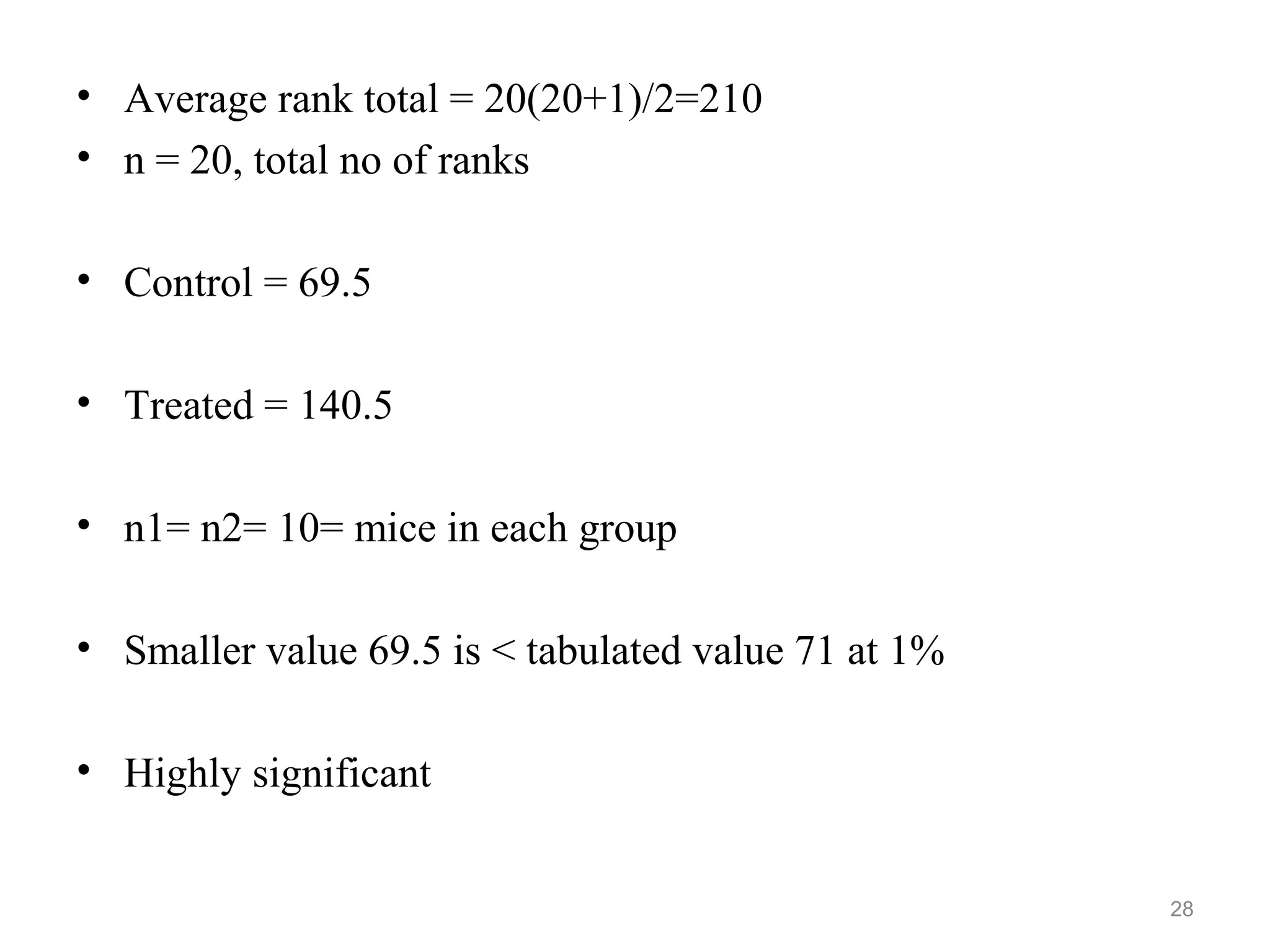 • Average rank total = 20(20+1)/2=210
• n = 20, total no of ranks
• Control = 69.5
• Treated = 140.5
• n1= n2= 10= mice in each group
• Smaller value 69.5 is < tabulated value 71 at 1%
• Highly significant
28
 