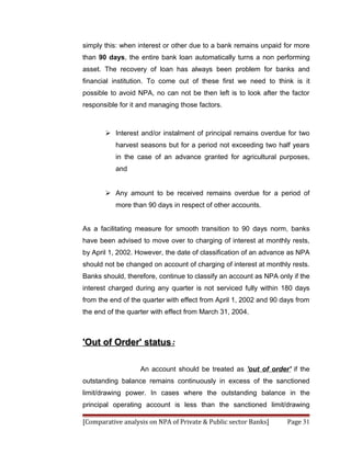 simply this: when interest or other due to a bank remains unpaid for more
than 90 days, the entire bank loan automatically turns a non performing
asset. The recovery of loan has always been problem for banks and
financial institution. To come out of these first we need to think is it
possible to avoid NPA, no can not be then left is to look after the factor
responsible for it and managing those factors.



        Interest and/or instalment of principal remains overdue for two
          harvest seasons but for a period not exceeding two half years
          in the case of an advance granted for agricultural purposes,
          and


        Any amount to be received remains overdue for a period of
          more than 90 days in respect of other accounts.


As a facilitating measure for smooth transition to 90 days norm, banks
have been advised to move over to charging of interest at monthly rests,
by April 1, 2002. However, the date of classification of an advance as NPA
should not be changed on account of charging of interest at monthly rests.
Banks should, therefore, continue to classify an account as NPA only if the
interest charged during any quarter is not serviced fully within 180 days
from the end of the quarter with effect from April 1, 2002 and 90 days from
the end of the quarter with effect from March 31, 2004.



'Out of Order' status:

                   An account should be treated as 'out of order' if the
outstanding balance remains continuously in excess of the sanctioned
limit/drawing power. In cases where the outstanding balance in the
principal operating account is less than the sanctioned limit/drawing

[Comparative analysis on NPA of Private & Public sector Banks]     Page 31
 