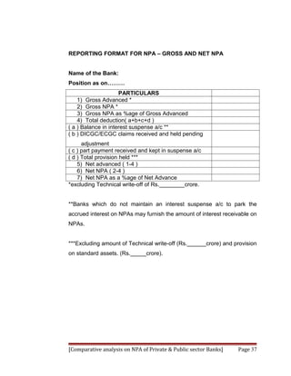 REPORTING FORMAT FOR NPA – GROSS AND NET NPA


Name of the Bank:
Position as on………
                     PARTICULARS
    1) Gross Advanced *
    2) Gross NPA *
    3) Gross NPA as %age of Gross Advanced
    4) Total deduction( a+b+c+d )
( a ) Balance in interest suspense a/c **
( b ) DICGC/ECGC claims received and held pending
      adjustment
( c ) part payment received and kept in suspense a/c
( d ) Total provision held ***
    5) Net advanced ( 1-4 )
    6) Net NPA ( 2-4 )
    7) Net NPA as a %age of Net Advance
*excluding Technical write-off of Rs.________crore.


**Banks which do not maintain an interest suspense a/c to park the
accrued interest on NPAs may furnish the amount of interest receivable on
NPAs.


***Excluding amount of Technical write-off (Rs.______crore) and provision
on standard assets. (Rs._____crore).




[Comparative analysis on NPA of Private & Public sector Banks]   Page 37
 