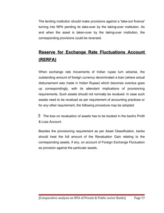 The lending institution should make provisions against a 'take-out finance'
turning into NPA pending its take-over by the taking-over institution. As
and when the asset is taken-over by the taking-over institution, the
corresponding provisions could be reversed.



Reserve for Exchange Rate Fluctuations Account
(RERFA)

When exchange rate movements of Indian rupee turn adverse, the
outstanding amount of foreign currency denominated a loan (where actual
disbursement was made in Indian Rupee) which becomes overdue goes
up correspondingly, with its attendant implications of provisioning
requirements. Such assets should not normally be revalued. In case such
assets need to be revalued as per requirement of accounting practices or
for any other requirement, the following procedure may be adopted:


   The loss on revaluation of assets has to be booked in the bank's Profit
& Loss Account.

Besides the provisioning requirement as per Asset Classification, banks
should treat the full amount of the Revaluation Gain relating to the
corresponding assets, if any, on account of Foreign Exchange Fluctuation
as provision against the particular assets.




[Comparative analysis on NPA of Private & Public sector Banks]     Page 53
 