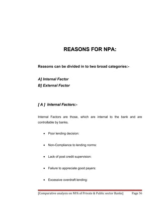REASONS FOR NPA:


Reasons can be divided in to two broad categories:-


A] Internal Factor
B] External Factor




[ A ] Internal Factors:-


Internal Factors are those, which are internal to the bank and are
controllable by banks.


    •   Poor lending decision:


    •   Non-Compliance to lending norms:


    •   Lack of post credit supervision:


    •   Failure to appreciate good payers:


    •   Excessive overdraft lending:



[Comparative analysis on NPA of Private & Public sector Banks]   Page 56
 
