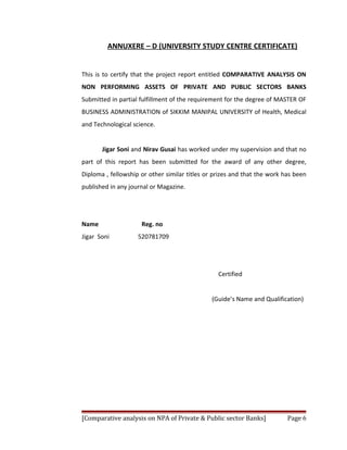ANNUXERE – D (UNIVERSITY STUDY CENTRE CERTIFICATE)


This is to certify that the project report entitled COMPARATIVE ANALYSIS ON
NON PERFORMING ASSETS OF PRIVATE AND PUBLIC SECTORS BANKS
Submitted in partial fulfillment of the requirement for the degree of MASTER OF
BUSINESS ADMINISTRATION of SIKKIM MANIPAL UNIVERSITY of Health, Medical
and Technological science.


       Jigar Soni and Nirav Gusai has worked under my supervision and that no
part of this report has been submitted for the award of any other degree,
Diploma , fellowship or other similar titles or prizes and that the work has been
published in any journal or Magazine.




Name                 Reg. no
Jigar Soni          520781709




                                                 Certified


                                              (Guide’s Name and Qualification)




[Comparative analysis on NPA of Private & Public sector Banks]            Page 6
 