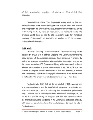 of their organization, regarding restructuring of debts of individual
corporate.



       The decisions of the CDR Empowered Group shall be final and
action-reference point. If restructuring of debt is found viable and feasible
and accepted by the Empowered Group, the company would be put on the
restructuring mode. If, however, restructuring is not found viable, the
creditors would then be free to take necessary steps for immediate
recovery of dues and / or liquidation or winding up of the company,
collectively or individually.


CDR Cell:
       The CDR Standing Forum and the CDR Empowered Group will be
assisted by a CDR Cell in all their functions. The CDR Cell will make the
initial scrutiny of the proposals received from borrowers / lenders, by
calling for proposed rehabilitation plan and other information and put up
the matter before the CDR Empowered Group, within one month to decide
whether rehabilitation is prima facie feasible, if so, the CDR Cell will
proceed to prepare detailed Rehabilitation Plan with the help of lenders
and if necessary, experts to be engaged from outside. If not found prima
facie feasible, the lenders may start action for recovery of their dues.



       To begin with, CDR Cell will be constituted in IDBI, Mumbai and
adequate members of staff for the Cell will be deputed from banks and
financial institutions. The CDR Cell may also take outside professional
help. The initial cost in operating the CDR mechanism including CDR Cell
will be met by IDBI initially for one year and then from contribution from
the financial institutions and banks in the Core Group at the rate of Rs.50
lakh each and contribution from other institutions and banks at the rate of
Rs.5 lakh each.

[Comparative analysis on NPA of Private & Public sector Banks]        Page 72
 