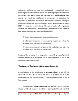 satisfactory performance under the rescheduled / renegotiated terms.
Following representations from banks that the foregoing stipulations deter
the banks from restructuring of standard and sub-standard loan
assets even though the modification of terms might not jeopardise the
assurance of repayment of dues from the borrower, the norms relating to
restructuring of standard and sub-standard assets were reviewed in March
2001. In the context of restructuring of the accounts, the following stages
at which the restructuring / rescheduling / renegotiation of the terms of
loan agreement could take place, can be identified:


          Before commencement of commercial production;

          After commencement of commercial production but before the
       asset has been classified as sub standard,

          After commencement of commercial production and after the
       asset has been classified as sub standard.


In each of the foregoing three stages, the rescheduling, etc., of principal
and/or of interest could take place, with or without sacrifice, as part of the
restructuring package evolved.


Treatment of Restructured Standard Accounts:


A rescheduling of the instalments of principal alone, at any of the
aforesaid first two stages would not cause a standard asset to be
classified in the sub standard category provided the loan/credit facility is
fully secured.



       A rescheduling of interest element at any of the foregoing first two
stages would not cause an asset to be downgraded to sub standard


[Comparative analysis on NPA of Private & Public sector Banks]        Page 79
 