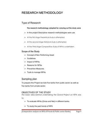 RESEARCH METHODOLOGY


Type of Research

         The research methodology adopted for carrying out the study were

       In this project Descriptive research methodologies were use.

       At the first stage theoretical study is attempted.

       At the second stage Historical study is attempted.

       At the Third stage Comparative study of NPA is undertaken.

Scope of the Study
       Concept of Non Performing Asset
       Guidelines
       Impact of NPAs
       Reasons for NPAs
       Preventive Measures
       Tools to manage NPAs


Sampling plan
To prepare this Project we took five banks from public sector as well as
five banks from private sector.


OBJECTIVES OF THE STUDY
The basic idea behind undertaking the Grand Project on NPA was
to:
       To evaluate NPAs (Gross and Net) in different banks.

       To study the past trends of NPA

[Comparative analysis on NPA of Private & Public sector Banks]         Page 9
 
