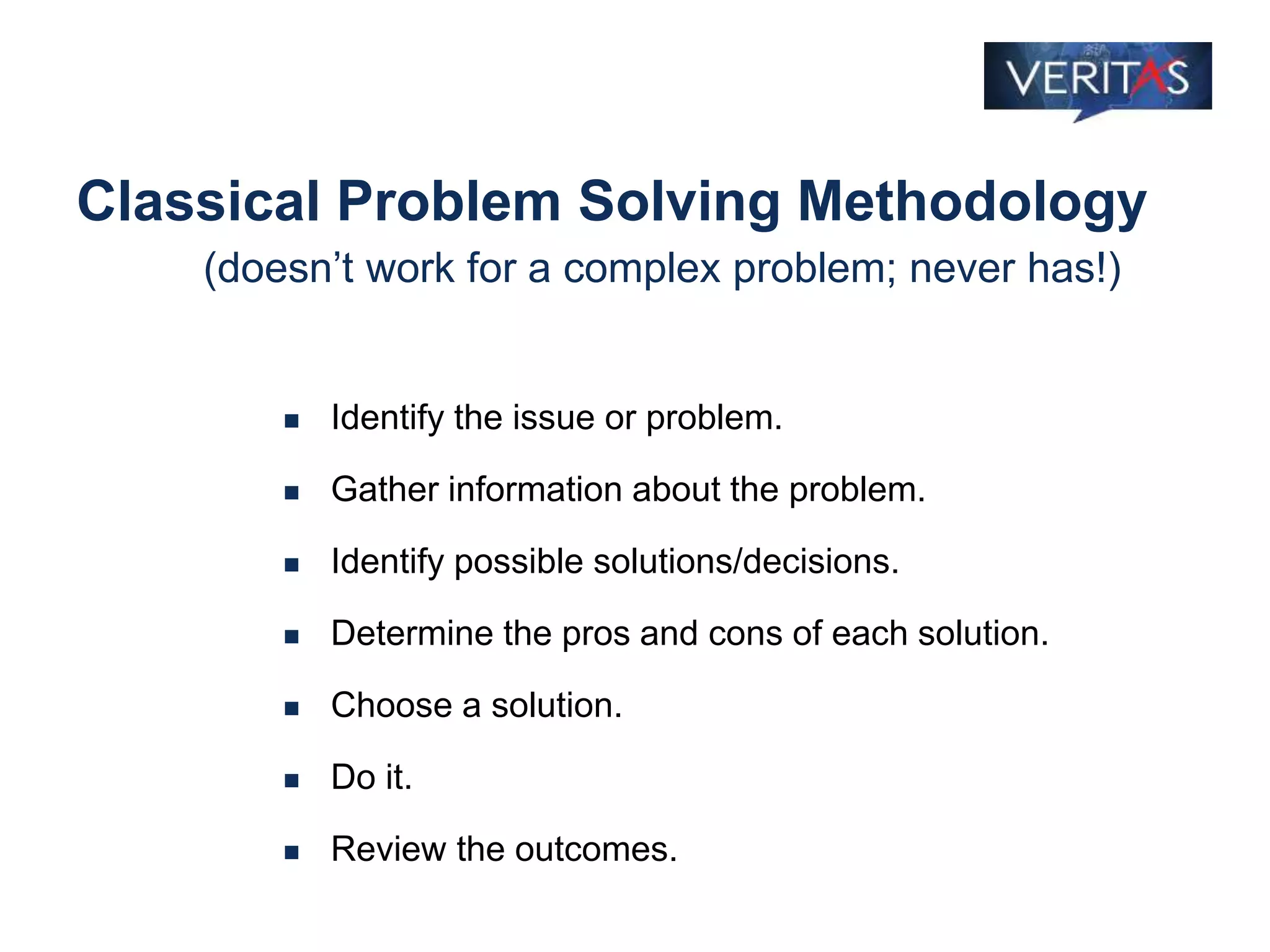 Classical Problem Solving Methodology
(doesn’t work for a complex problem; never has!)
 Identify the issue or problem.
 Gather information about the problem.
 Identify possible solutions/decisions.
 Determine the pros and cons of each solution.
 Choose a solution.
 Do it.
 Review the outcomes.
 