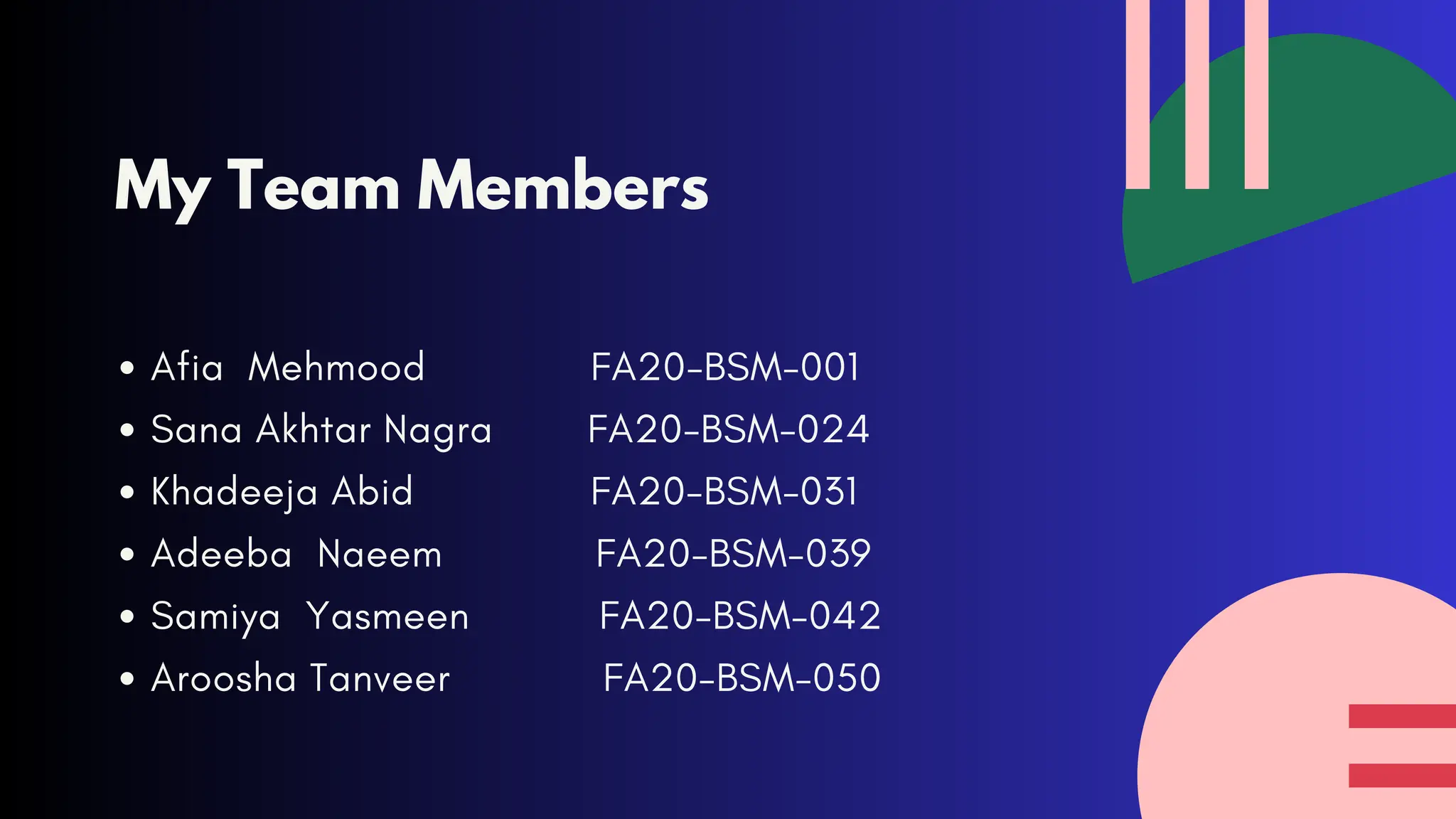 Afia Mehmood FA20-BSM-001
Sana Akhtar Nagra FA20-BSM-024
Khadeeja Abid FA20-BSM-031
Adeeba Naeem FA20-BSM-039
Samiya Yasmeen FA20-BSM-042
Aroosha Tanveer FA20-BSM-050
My Team Members
 