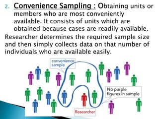 2. Convenience Sampling : Obtaining units or
members who are most conveniently
available. It consists of units which are
obtained because cases are readily available.
Researcher determines the required sample size
and then simply collects data on that number of
individuals who are available easily.
 