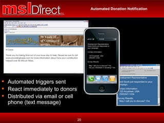 Automated Donation Notification Automated triggers sent React immediately to donors Distributed via email or cell phone (text message) Development Representative David Scott just responded to your campaign.  Contact information: 123 Anystreet, USA (555)547-1234 Survey Results:  May I call you to discuss?  Yes 