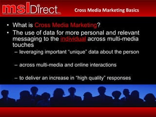 What is  Cross Media Marketing ? The use of data for more personal and relevant messaging to the  individual  across multi-media touches leveraging important “unique” data about the person across multi-media and online interactions to deliver an increase in “high quality” responses Cross Media Marketing Basics 