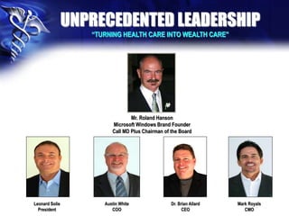 Leonard Solie
President
Mr. Roland Hanson
Microsoft Windows Brand Founder
Call MD Plus Chairman of the Board
UNPRECEDENTED LEADERSHIP
“TURNING HEALTH CARE INTO WEALTH CARE”
Austin White
COO
Dr. Brian Allard
CEO
Mark Royals
CMO
 