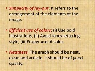 • Simplicity of lay-out: It refers to the
  arrangement of the elements of the
  image.

• Efficient use of colors: (i) Use bold
  illustrations, (ii) Avoid fancy lettering
  style, (iii)Proper use of color

• Neatness: The graph should be neat,
  clean and artistic. It should be of good
  quality.
 