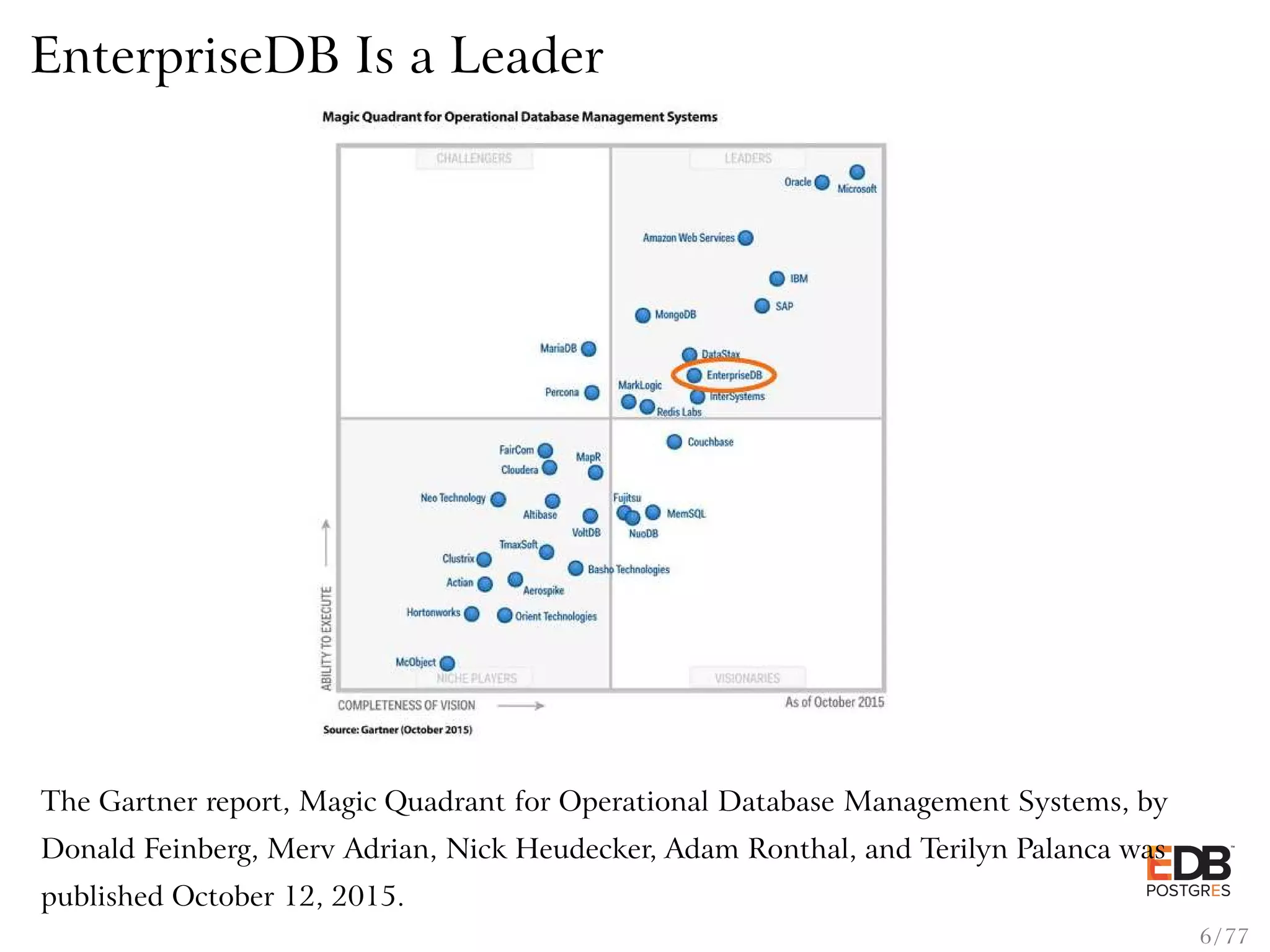EnterpriseDB Is a Leader The Gartner report, Magic Quadrant for Operational Database Management Systems, by Donald Feinberg, Merv Adrian, Nick Heudecker, Adam Ronthal, and Terilyn Palanca was published October 12, 2015. 6 / 77 