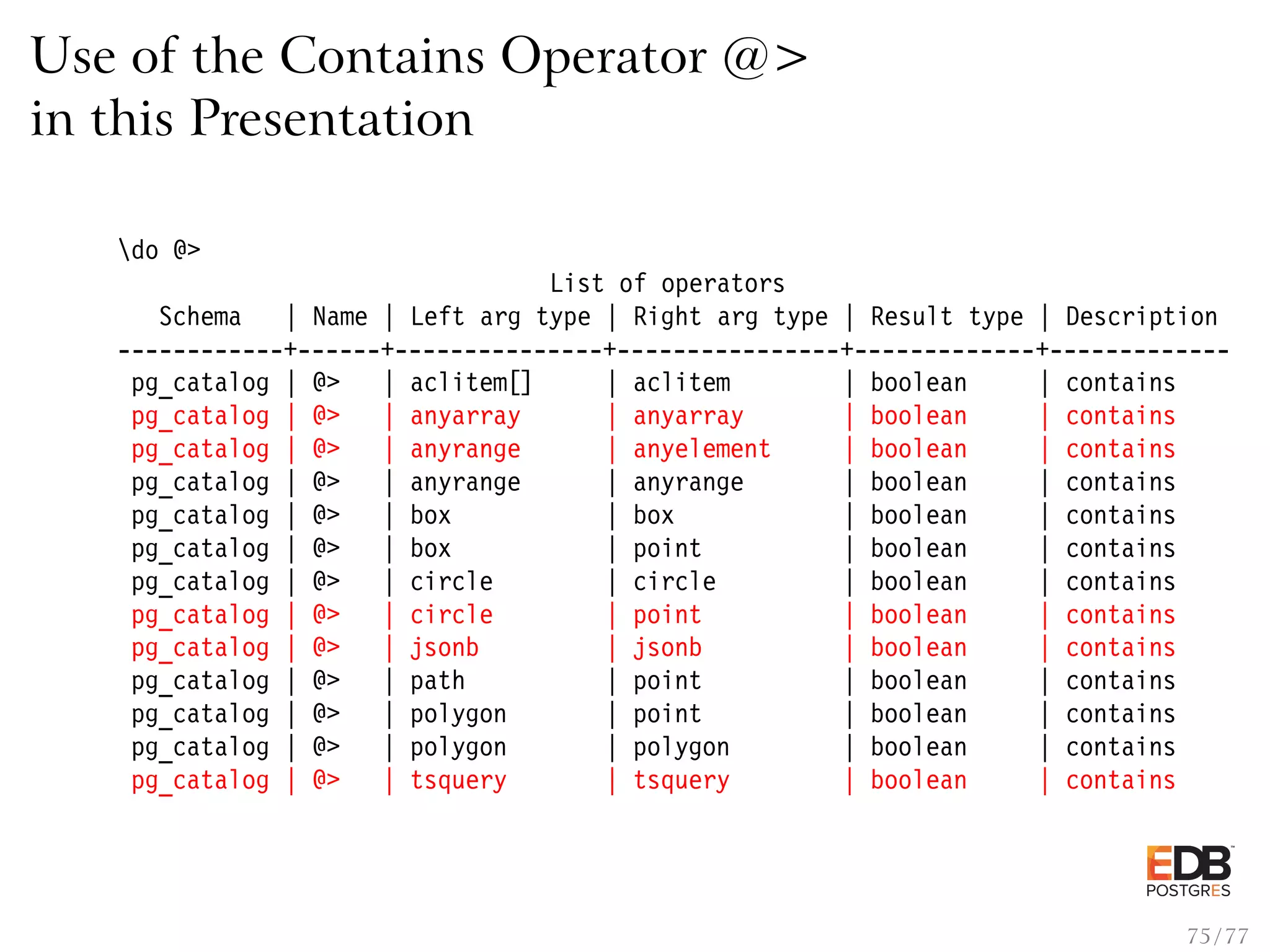 Use of the Contains Operator @> in this Presentation do @> List of operators Schema | Name | Left arg type | Right arg type | Result type | Description ------------+------+---------------+----------------+-------------+------------- pg_catalog | @> | aclitem[] | aclitem | boolean | contains pg_catalog | @> | anyarray | anyarray | boolean | contains pg_catalog | @> | anyrange | anyelement | boolean | contains pg_catalog | @> | anyrange | anyrange | boolean | contains pg_catalog | @> | box | box | boolean | contains pg_catalog | @> | box | point | boolean | contains pg_catalog | @> | circle | circle | boolean | contains pg_catalog | @> | circle | point | boolean | contains pg_catalog | @> | jsonb | jsonb | boolean | contains pg_catalog | @> | path | point | boolean | contains pg_catalog | @> | polygon | point | boolean | contains pg_catalog | @> | polygon | polygon | boolean | contains pg_catalog | @> | tsquery | tsquery | boolean | contains 75 / 77 