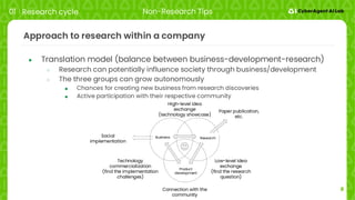 8
Approach to research within a company
● Translation model (balance between business-development-research)
○ Research can potentially influence society through business/development
○ The three groups can grow autonomously
■ Chances for creating new business from research discoveries
■ Active participation with their respective community
01 Research cycle Non-Research Tips
Business
Product
development
Research
Paper publication,
etc.
High-level idea
exchange
(technology showcase)
Low-level idea
exchange
(find the research
question)
Technology
commercialization
(find the implementation
challenges)
Connection with the
community
Social
implementation
 