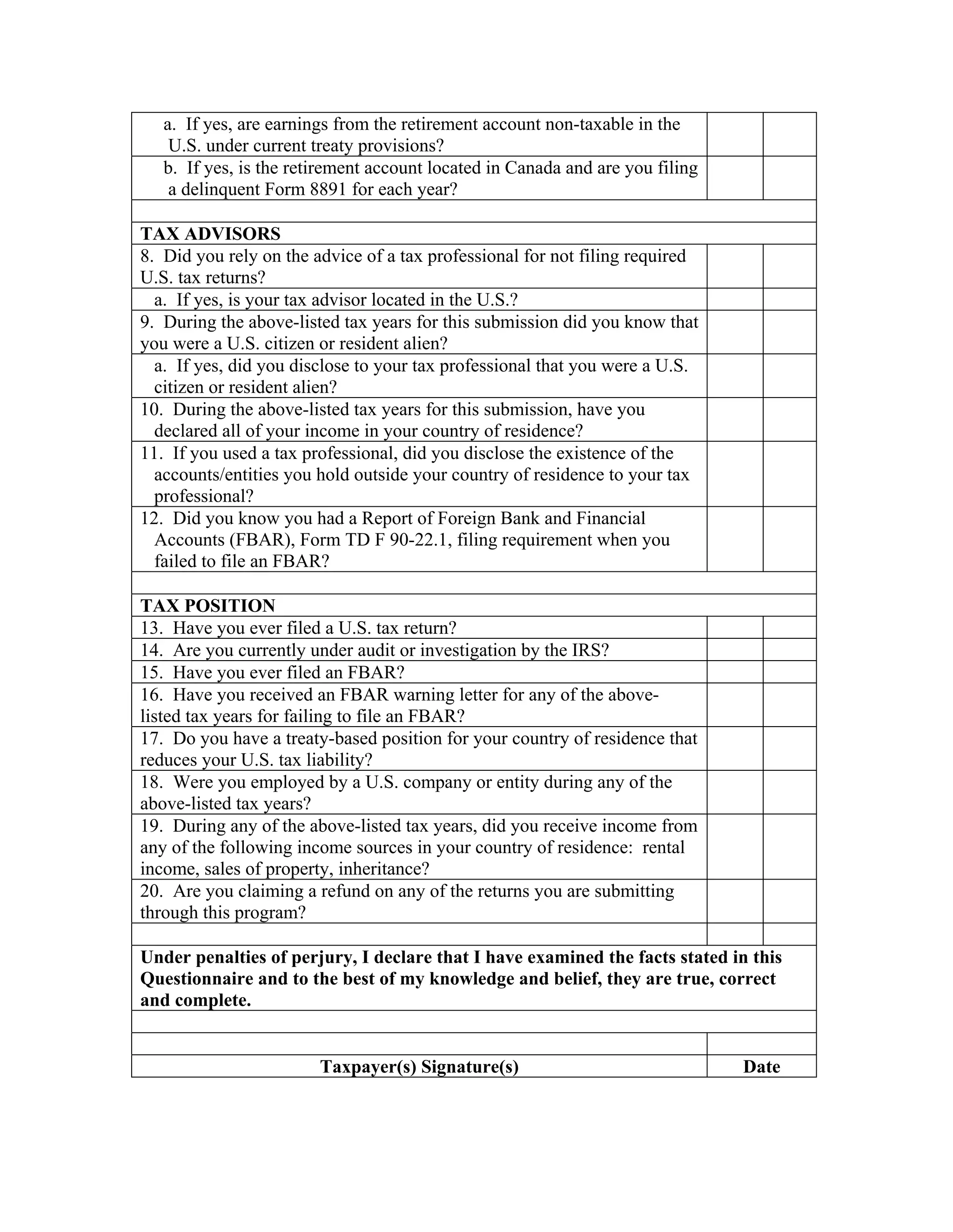 Non Resident questionnaire | PDF