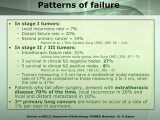 Patterns of failure <ul><li>In stage I tumors : </li></ul><ul><ul><li>Local recurrence rate = 7% </li></ul></ul><ul><ul><l...