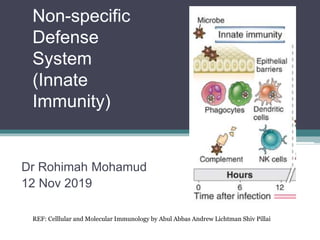 Non-specific
Defense
System
(Innate
Immunity)
Dr Rohimah Mohamud
12 Nov 2019
REF: Celllular and Molecular Immunology by Abul Abbas Andrew Lichtman Shiv Pillai
 