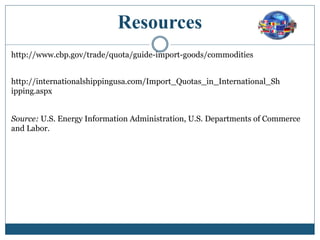 Resources
http://www.cbp.gov/trade/quota/guide-import-goods/commodities
http://internationalshippingusa.com/Import_Quotas_in_International_Sh
ipping.aspx
Source: U.S. Energy Information Administration, U.S. Departments of Commerce
and Labor.
 