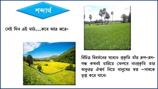 স ই শদন এই মাঠ...েকব আর ঝকর-
শবশিত্র শববতয কনর মকযযও প্রেৃ শত তাাঁ র রূপ-র -
গন্ধ েখনই হাশরকয় সফলকব না।প্রেৃ শত তার
অফু রন্ত ঐশ্বর্য শনকয় মানুকষর স্বপ্ন – াযকে
তৃ প্ত েকর র্াকব।
শব্দার্য
 