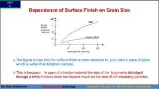 Dependence of Surface Finish on Grain Size
The figure shows that the surface finish is more sensitive to grain size in case of glass
which is softer than tungsten carbide.
This is because in case of a harder material the size of the fragments dislodged
through a brittle fracture does not depend much on the size of the impacting particles.
UNIT
6
Mr. Kiran Wakchaure Manufacturing Technology SANJIVANI COLLEGE OF ENGINEERING, KOPARGAON
35
 