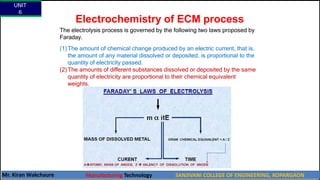 Electrochemistry of ECM process
The electrolysis process is governed by the following two laws proposed by
Faraday.
(1)The amount of chemical change produced by an electric current, that is,
the amount of any material dissolved or deposited, is proportional to the
quantity of electricity passed.
(2)The amounts of different substances dissolved or deposited by the same
quantity of electricity are proportional to their chemical equivalent
weights.
UNIT
6
Mr. Kiran Wakchaure Manufacturing Technology SANJIVANI COLLEGE OF ENGINEERING, KOPARGAON
48
 