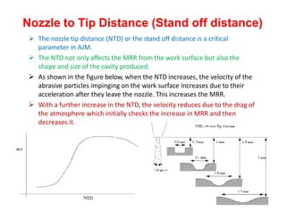 Nozzle to Tip Distance (Stand off distance)
 The nozzle tip distance (NTD) or the stand off distance is a critical
parameter in AJM.
 The NTD not only affects the MRR from the work surface but also the
shape and size of the cavity produced.
 As shown in the figure below, when the NTD increases, the velocity of the
abrasive particles impinging on the work surface increases due to their
acceleration after they leave the nozzle. This increases the MRR.
 With a further increase in the NTD, the velocity reduces due to the drag of
the atmosphere which initially checks the increase in MRR and then
decreases it.
 