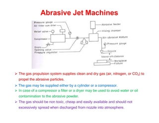Abrasive Jet Machines
 The gas propulsion system supplies clean and dry gas (air, nitrogen, or CO2) to
propel the abrasive particles.
 The gas may be supplied either by a cylinder or a compressor.
 In case of a compressor a filter or a dryer may be used to avoid water or oil
contamination to the abrasive powder.
 The gas should be non toxic, cheap and easily available and should not
excessively spread when discharged from nozzle into atmosphere.
 