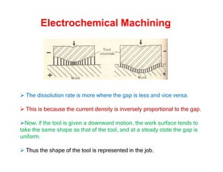 Electrochemical Machining
 The dissolution rate is more where the gap is less and vice versa.
 This is because the current density is inversely proportional to the gap.
Now, if the tool is given a downward motion, the work surface tends to
take the same shape as that of the tool, and at a steady state the gap is
uniform.
 Thus the shape of the tool is represented in the job.
 
