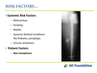 Systemic Risk Factors Malnutrition Smoking NSAIDs Systemic Medical Conditions like Diabetes, paraplegia. Chronic alcoholism. Patient Factors Non Compliance 